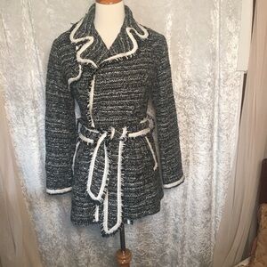 Marc le Moses Italian tweed Ladies Wrap Coat ~ Black White open front Size 8